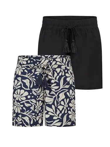 DENIMFY Kurze Hose Damen Sommer leichte Shorts mit Gummizug Regular Fit DFLia 2er Pack Set Weite Bermuda 100% Viskose, Größe:XXL, Farben:Farbmix 1