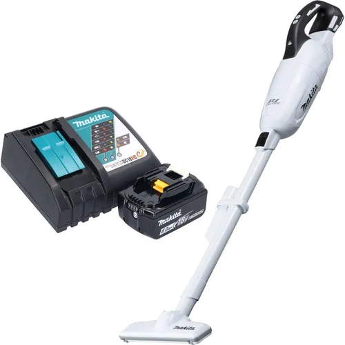 Makita DCL 281 FRG1W Akku Staubsauger 18 V weiß - Bodenstaubsauger mit bürstenlosem Motor für hohe Saugkraft und längere Lebensdauer. Ideal für Werkstatt, Auto und Treppenhaus. Beutellos und 3-stufige Saugkraftregelung für effizienten Akkueinsatz.