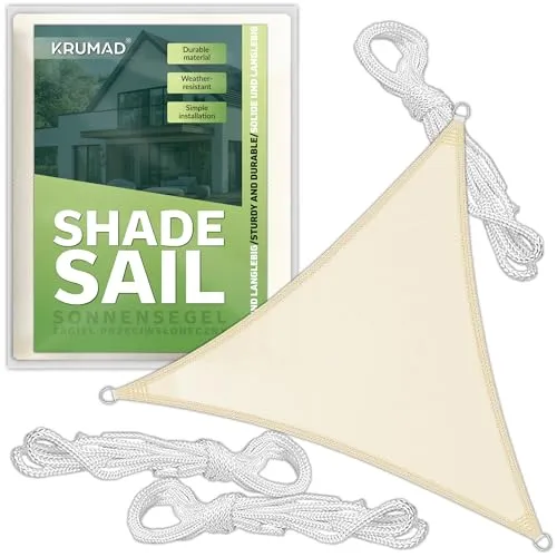 KRUMAD Sonnensegel Dreieckig 3m x 3m, Beige, UV-Schutz, Wasserdicht, Wetterfest, für Garten, Balkon & Terrasse, Atmungsaktives HDPE 160 g/m², inkl. 3 Befestigungsseile
