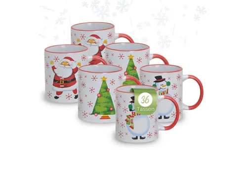 matches21 HOME & HOBBY Tasse Weihnachtstassen 36 Stk. Karton Weihnachtsbaum Schneemann rot weiß, 36-tlg., Keramik, Schöne 300 ml Keramik Kaffee-Tassen bunte Weihnachtsmotive