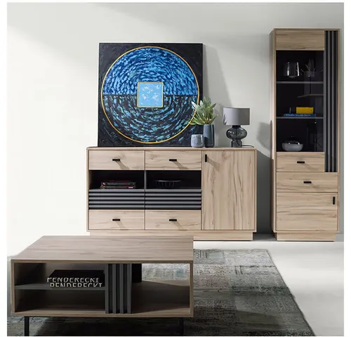 Lomadox Wohnzimmer-Set ANTIGUA-133, 3-teilig in Eiche mit anthrazitfarbenen Details