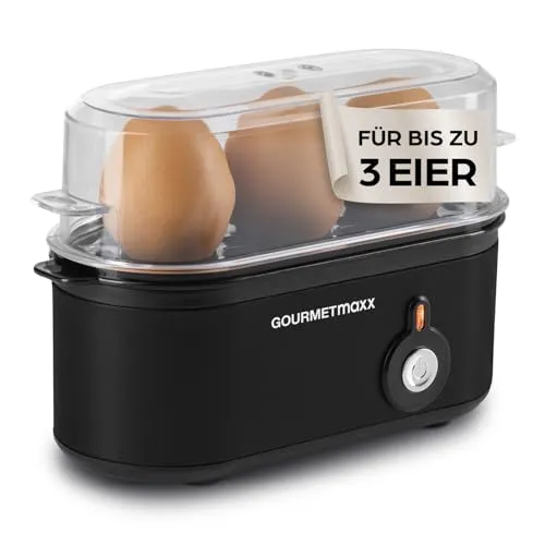 GOURMETmaxx Eierkocher für 3 Eier - 210W mit Messbecher & Eierstecher - Eierkocher für 3 Eier, kompakt und ideal für Camping. Kocht Eier in gewünschtem Härtegrad mit nur einem Knopfdruck – schnell und einfach!