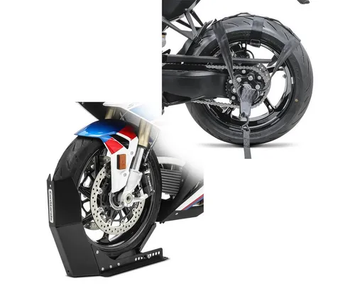 ConStands Motorradheber Set Easy-Fix mit Spanngurt S8 - Praktisches Set für die sichere Lagerung und den Transport von Motorrädern. Der stabile Easy-Fix Transportständer und der Fixiergurt sorgen für sicheren Halt und erleichtern Wartungsarbeiten.
