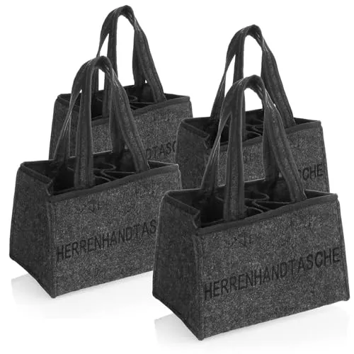 com-four® 4X Flaschentasche - Filztasche mit Henkeln für Getränke - Getränkehalter aus Filz für 6 Flaschen - Faltbarer 6er-Träger für Flaschen bis 0,5 l (04 Stück - Herrenhandtasche)