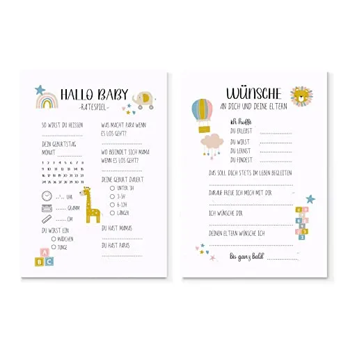 25x Babyshower Ratespiel Karten zum Ausfüllen – Tippkarten Jungen und Mädchen – Tolles Spiel für die Babyparty und Gender Reveal Feier – 25 Karten hochkant