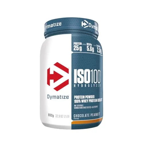 Dymatize ISO 100 Hydrolyzed Chocolate Peanut 932g - Premium Whey Protein - Molkenproteine mit 25g hochwertigem Eiweiß pro Portion, glutenfrei und ideal für Sportler, die auf optimale Kalorienzufuhr achten.