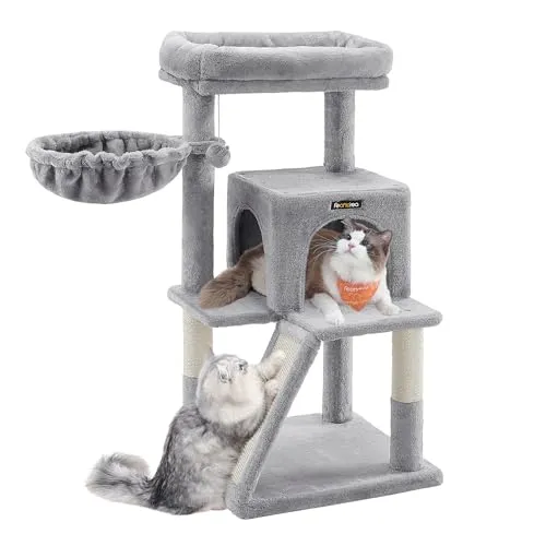 Feandrea Kratzbaum mit großer Plattform, hellgrau PCT51W - Aktivitätskratzbaum für große Katzen mit breiter Plattform und 2-in-1-Kratzrampe, ideal für Komfort und Spielspaß.