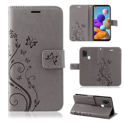 Handy Tasche für Samsung Galaxy A21s Hülle Case Etui Flip Cover TPU Blume Grau