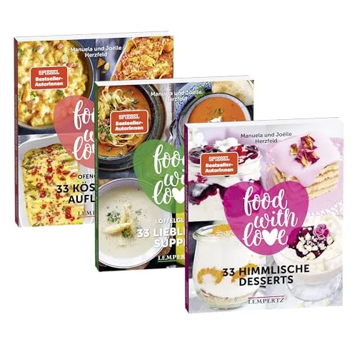 Produktbild Die 99 besten Herzfeld Rezepte; Bundle; Food with Love; Herzfeld, Manuela / Herzfeld, Joëlle: limitiert auf 1000 Bundle aus 3 Büchern: 33 Himmlische Desserts 33 köstliche Aufläufe 33 Lieblings-Suppen