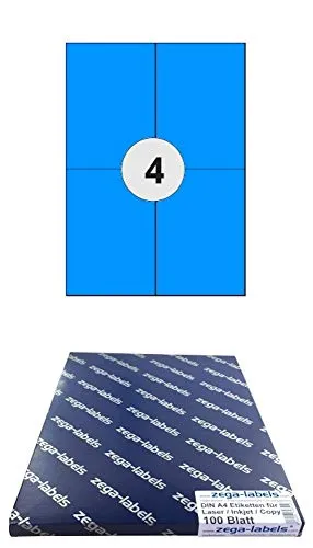 Etiketten 105 x 148 mm BLAU selbstklebend auf DIN A4 Bögen (2x2 Etiketten) - 100 Blatt Pack - Universell für Laser/Inkjet/Kopierer/Farblaser einsetzbar - 4-teilig 400