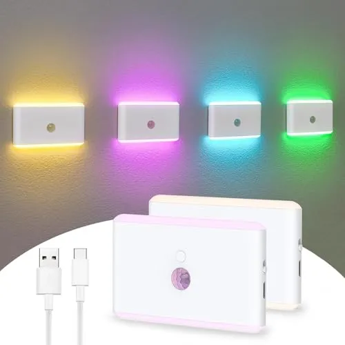 Justup 2 Stück Nachtlicht mit Bewegungsmelder, 7 Farben LED Mini Nachtlicht | Wiederaufladbares LED Dimmbare Treppe Lichter Flur Licht, Auto EIN/AUS für Kinderzimmer, Flur, Treppe, Schlafzimmer & Schrank