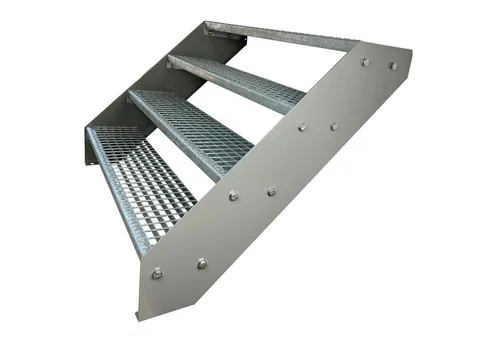 Kaminbau Mierzwa Außentreppe Premium Treppe Silber Höhe Verstellbar, für Geschosshöhen bis 76 cm, Stufen Gitterroststufen nach DIN 24531, (Höhe 76 cm, Breite wählbar aus 60, 80, 100, 120, 140 cm), Gartentreppe Stahltreppe Wetterfest Rostfrei Feuer-Verzinkt Rutschfest