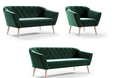 Sofello Couchgarnitur Gloria Wohnzimmerset 3+2+1 Sitzer Samt Hohe Holzfüße Buche (Riviera 38 - grün)
