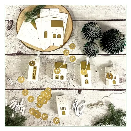Oblique Unique® Adventskalender Deko Set Häuschen Schachteln Boxen Häuser 3D Tannenbäume als DIY Dekoration Geschenkverpackung Deko für Weihnachten
