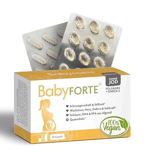 BabyFORTE® Folsäure ohne Jod + Omega-3 vegan mit Algenöl | 17 Schwangerschaftsvitamine ohne Jod + Quatrefolic® | 60 Kapseln | ab 1. Trimester
