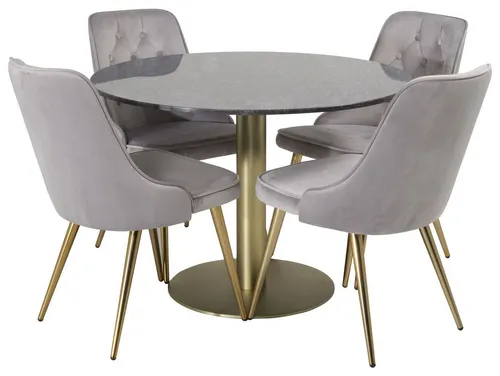 ebuy24 Essgruppe Estelle Ø106 cm, schwarz-marmor - Elegante 5-teilige Essgruppe mit schwarzem Marmortisch und 4 stilvollen Velvet Deluxe Stühlen in hellgrau. Ideal für stilvolle Essbereiche und langlebig im Alltag.