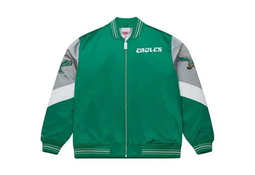 M&N Heavyweight Satin Jacke NFL Philadelphia Eagles - S - Stylische Mitchell & Ness Satin Jacke mit gestepptem Polyesterfutter. Hochwertige, gestickte Logos sorgen für einen sportlichen Look. Ideal für Fans und den täglichen Gebrauch.