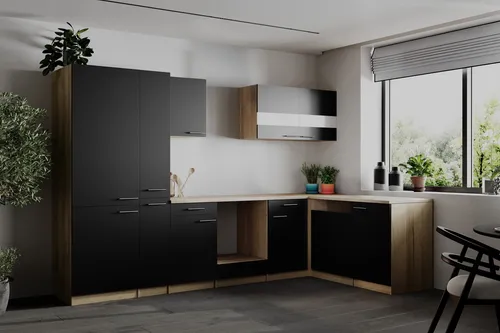 Küche Einbau Winkelküche Leerblock Eiche Sägerau Schwarz Merle 310 cm