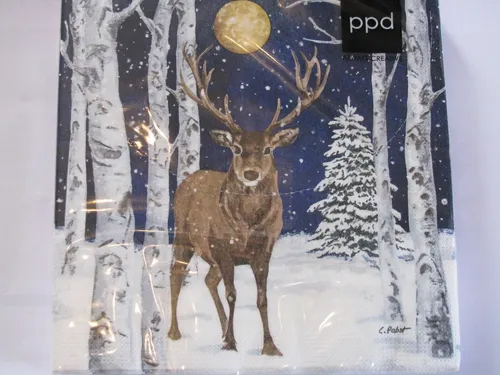 Servietten PPD Weihnachten Winter Stag Hirsch bei Nacht im Wald Mondschein 20