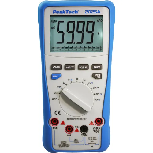 PEAKTECH True RMS Multimeter P 2025 A - Multimeter für präzise Messungen bis 1000 V AC/DC und 10 A AC/DC, mit USB-Anschluss für einfache Datenübertragung.