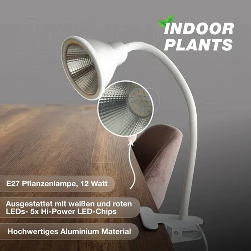 Venso LED-Pflanzenlampe Grow Lights Flexia E27 12 W Neutralweiß - Pflanzenlampe für ganzjährige Zimmerpflanzenbeleuchtung, mit flexiblem Ständer und optimalem Wellenlängenverhältnis für gesundes Pflanzenwachstum.