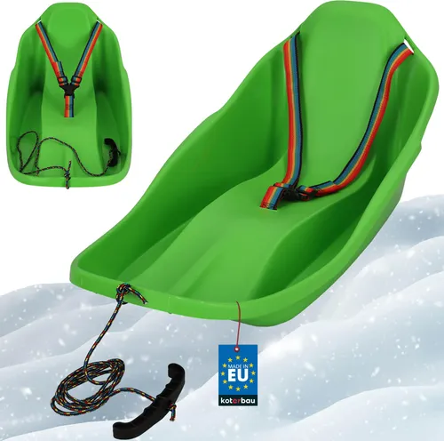 KOTARBAU® Bob Schlitten mit Lehne 72 x 37 x 32 cm Kinderbob Kunststoff Schlitten für Kinder mit Rückenlehne Schneeschlitten Kinderschlitten mit Sicherheitsgurt & Zugseil Grün