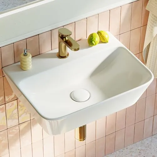 HOROW Waschbecken Eckig 40 cm, Moderner Bad Waschtisch Weiß, Aufsatzwaschbecken ohne Überlauf, mit Hahnloch, Kleine Handwaschbecken, Hängewaschbecken Gäste WC