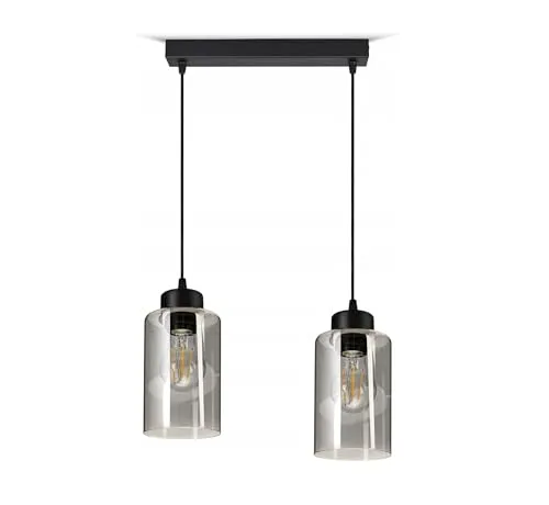 FKL DESIGN Home Deco Hängelampe Hängeleuchte Schwarz 2-flammig E27 Glas Lampenshirm Lampe aus Serie N535 (DDH2)