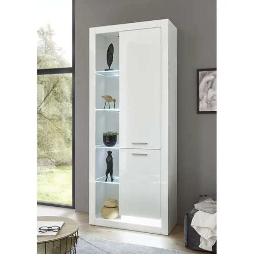 Highboard Vitrine MAILAND-61 - Hochglanz Weiß mit LED-Beleuchtung - Moderne Standvitrine für Ess- und Wohnzimmer, mit 2 Türen, 4 Glas- und Holzböden sowie stilvoller LED-Beleuchtung für eine ansprechende Präsentation.