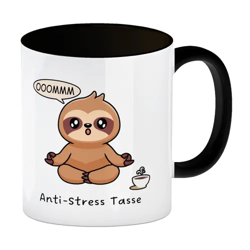 Anti Stress Faultier Kaffeebecher mit Innenseite und Griff in Schwarz