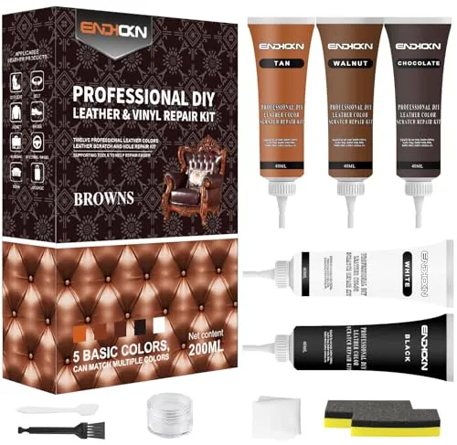 Endhokn Leder Reparatur Set 200ml, Vinyl und Leder Kunstleder Reparatur Set Verwendet für die Reparatur von Kratzern, Löchern und Verblassen auf Ledersofas, Autositzen, Ledertaschen usw（5 Farben）