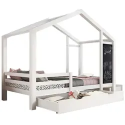 Kinderbett Hausbett 90 x 200 cm, Holzbett mit Tafel und 2 Schubladen, Massivholz mit Zaun und Lattenrost
