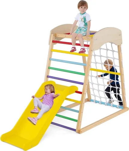 GOPLUS 4 in 1 Kinder Klettergerüst mit Rutsche & Kletterleiter - Multifunktionales Klettergerüst aus hochwertigem Buchenholz, ideal für drinnen und draußen. Fördert Bewegungsfreude und Koordination bei Kindern ab 1 Jahr. Einfacher Aufbau und höhenverstellbare Rampe.