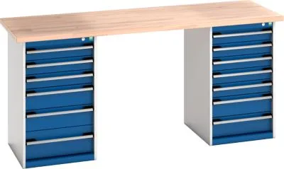 Bott Werkbank Cubio, Stahlgestell/Stahlkorpus, B 2000 x T 750 x H 940 mm, Arbeitsplatte Buchenholz, 13 Schubladen, abschließbar, lichtgrau/enzianblau 404866