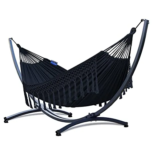 Potenza Outdoor Hängematte mit Gestell für 2 Personen I Baumwolle Doppelhängematte XXL 220x160, 200kg I Hängemattengestell 220kg, wetterfest (Santia-Schwarz, Basic Gestell Graphit)