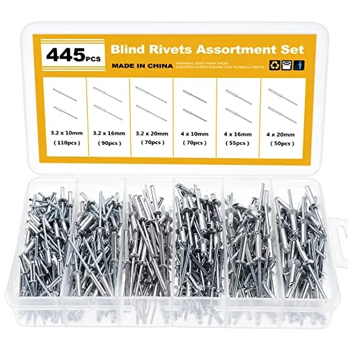 Knpwer 445 Stück Aluminium Blindnieten,6 Größen Popnieten Sortiment,Dome Blind Nieten, Blindnieten Sortimen