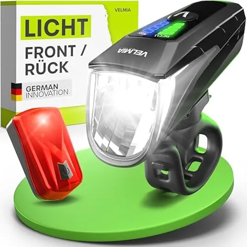 Velmia Fahrradlichter Set StVZO zugelassen mit USB Akku-Betrieb und 8,5h Leuchtdauer I LED regenfest und aufladbar I Fahrrad Licht, Zubehör, vorne + rücklicht