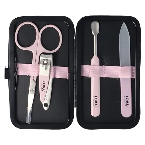 Parsa Beauty LOV.U Maniküre Set 5-teilig – Fingernagelschere, Nagelknipser, Nagelhautschieber, Glasnagelfeile, Reiseetui – Nagelset ideal für unterwegs – Must-Have Beauty Nagel Zubehör