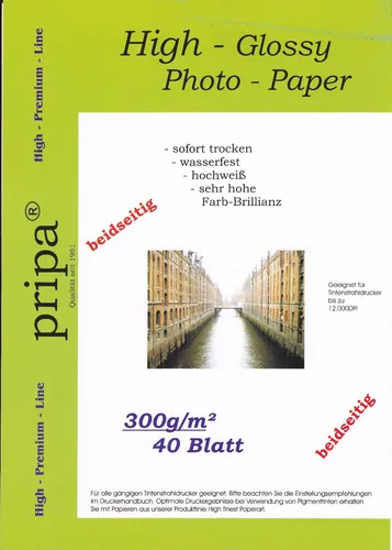 PRIPA Fotopapier 40 Blatt DIN A4 (ca. 210-297mm) 300g/m² glossy beidseitig dick!