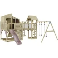 OutdoorToys Spielturm Emma aus Holz in Rosa – Kinderschaukel - Gartenspielhaus mit Verbindungselement für kreative Spielmöglichkeiten. Die pulverbeschichteten Schaukelaufhängungen bieten Sicherheit und Stabilität für unvergessliche Abenteuer.