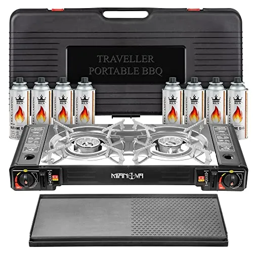 Mianova Campingkocher Outdoor Doppel Gaskocher BBQ Notfallkocher Grill Gaskartuschen Gas Camping Kocher Herd 2 flammig Set Grillplatte Koffer 8 Gasflaschen (Kocher + Koffer + 8 Gasflaschen)