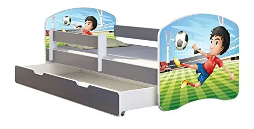 ACMA Kinderbett Jugendbett mit Einer Schublade und Matratze Grau mit Rausfallschutz Lattenrost II (13 Fußballer, 160x80 + Bettkasten)