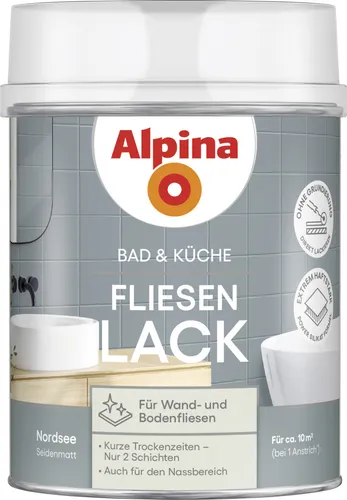 Alpina Bad & Küche Fliesen-Lack Nordsee – Seidenmatter Fliesenlack für Wandfliesen - Küchen- & Badezimmerfarben, feuchtraumgeeignet und ideal für die stilvolle Renovierung von Badezimmern, Küchen und WCs ohne Abschleifen.