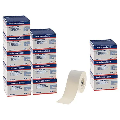 Leukotape Tapeverband Classic - 12 Stück, unelastisch, 10m x 3,75cm, optimal für funktionelle Tapeverbände und hohe Klebkraft bei Körpertemperatur
