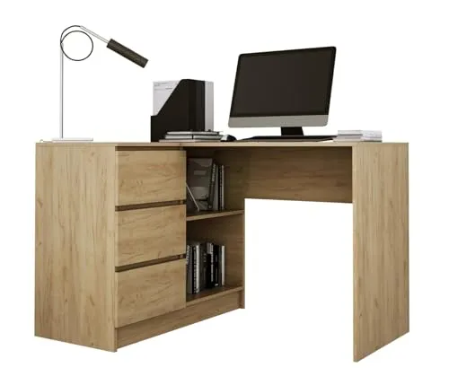 3E 3xE living.com Lynna Schreibtisch B16 Links Eiche Craft Kleiner Eckschreibtisch mit DREI Schubladen, Linke Seite, Maße: Höhe: 77 cm, Breite: 124,5/85 cm, Tiefe: 45/48,5 cm