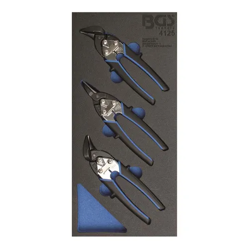 BGS 4125 | Mini-Karosserie-Blechscheren 3-tlg.  - Werkzeugschränke mit hochwertigen Chrom-Molybdän-Stahl-Scheren, ideal zum präzisen Schneiden von Edelstahl und Stahl bis 1,2 mm Dicke.