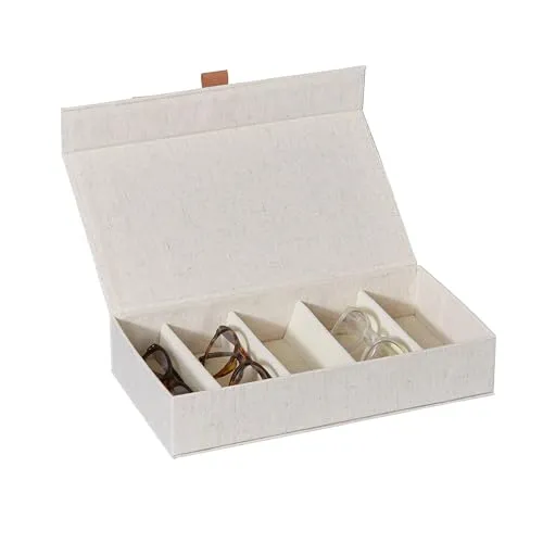LOVE IT STORE IT Premium Aufbewahrungsbox für Brillen - Brillenbox aus Leinen-Baumwoll-Mix, innen Samt - Verstärkt mit Holz - Mit 5 Fächern - Beige - 30x17x6 cm