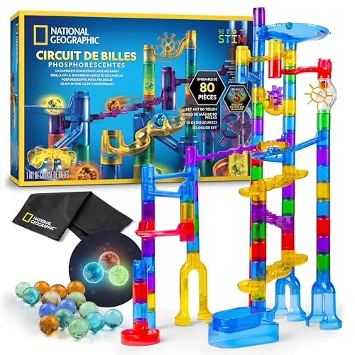 NATIONAL Geographic Leuchtende Murmelbahn – Konstruktionsset mit 15 im Dunkeln leuchtenden Glasmurmeln & Aufbewahrungstasche, Mint-Spielzeug für Jungen und Mädchen