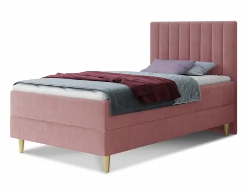 Boxspringbett Gold Mini mit Bettkasten - Pink (100 x 200 cm) - Elegantes Einzelbett mit zwei Bettkästen und Luxus Bonell-Matratze, ideal für Schlafzimmer oder Jugendzimmer. Inklusive hochelastischem Topper für optimalen Komfort.