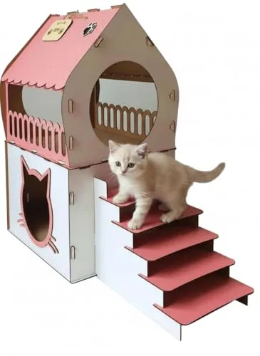 Jungengel XL Katzenhaus Rosa/Pink - Zweistöckiges Katzenhaus mit Rampe - Katzenhöhlen & -häuser mit geräumigem XL Design (65x70x30 cm) für 1-2 Katzen, werkzeugfreier Aufbau und stilvolles Rosa/Pink für jeden Wohnraum.